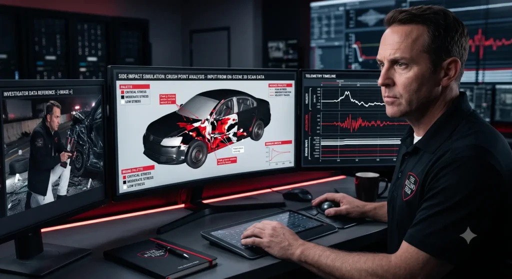 Engineer reviewing vehicle telemetry and collision data in a computer simulation