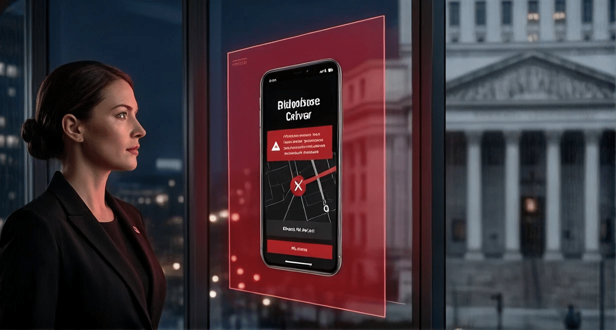 A female personal injury attorney in a sharp black blazer standing by a high-rise office window at night, looking at a transparent digital display that shows a rideshare vehicle tracking map with a bold red warning icon indicating an unapproved route deviation.