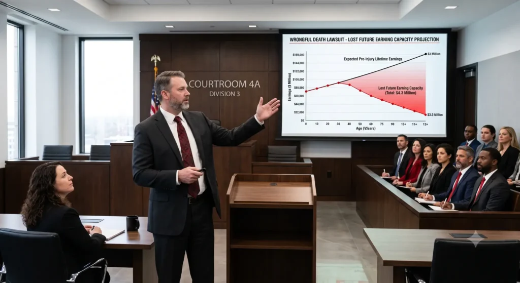 A forensic economist presenting a financial projection chart to a jury, detailing the lost future earning capacity in a wrongful death lawsuit.