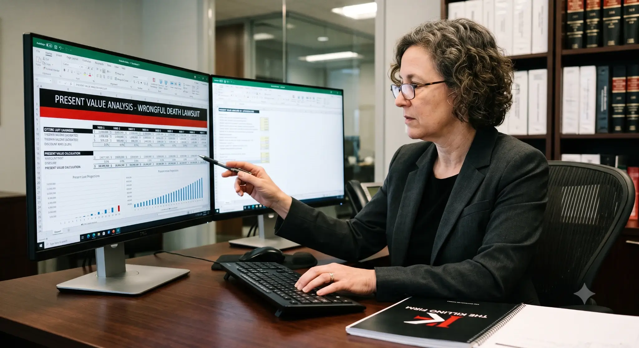 Close-up of a forensic economist analyzing present value financial models on a computer screen for a wrongful death lawsuit.