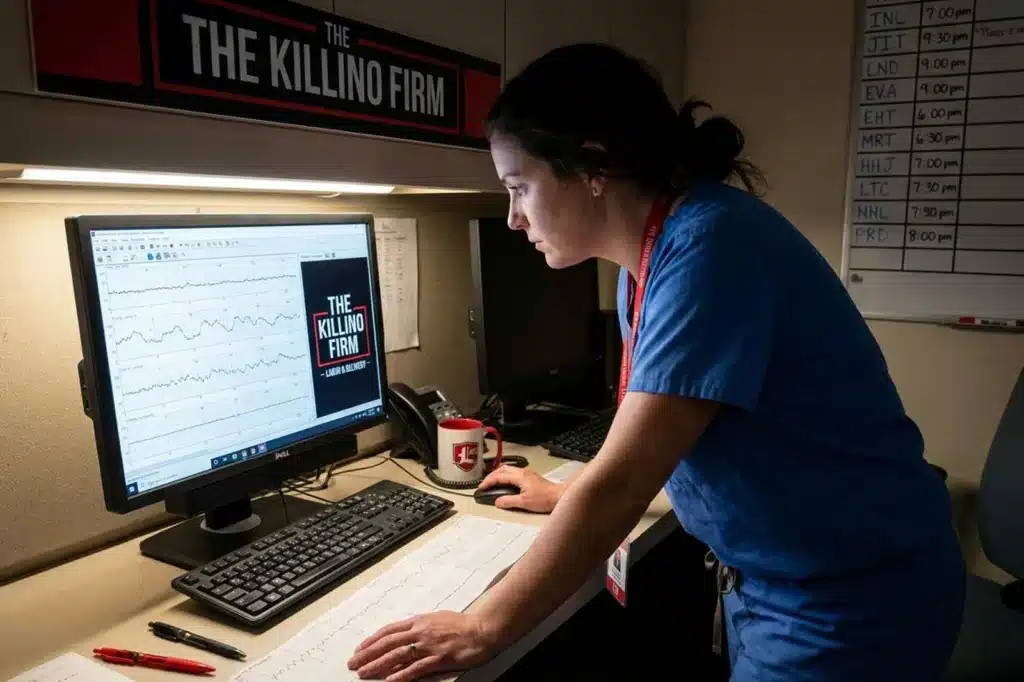 Labor and delivery nurse reviewing electronic fetal monitoring strips at a hospital workstation during active labor