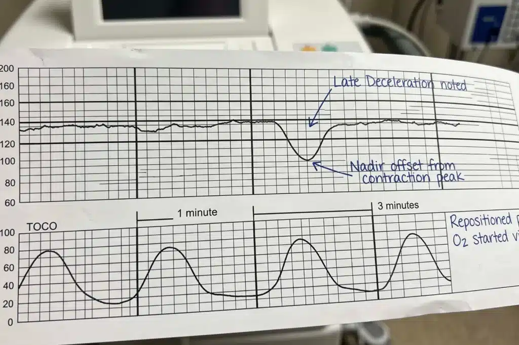 Close-up of an electronic fetal monitoring tracing showing late decelerations indicating fetal distress during labor