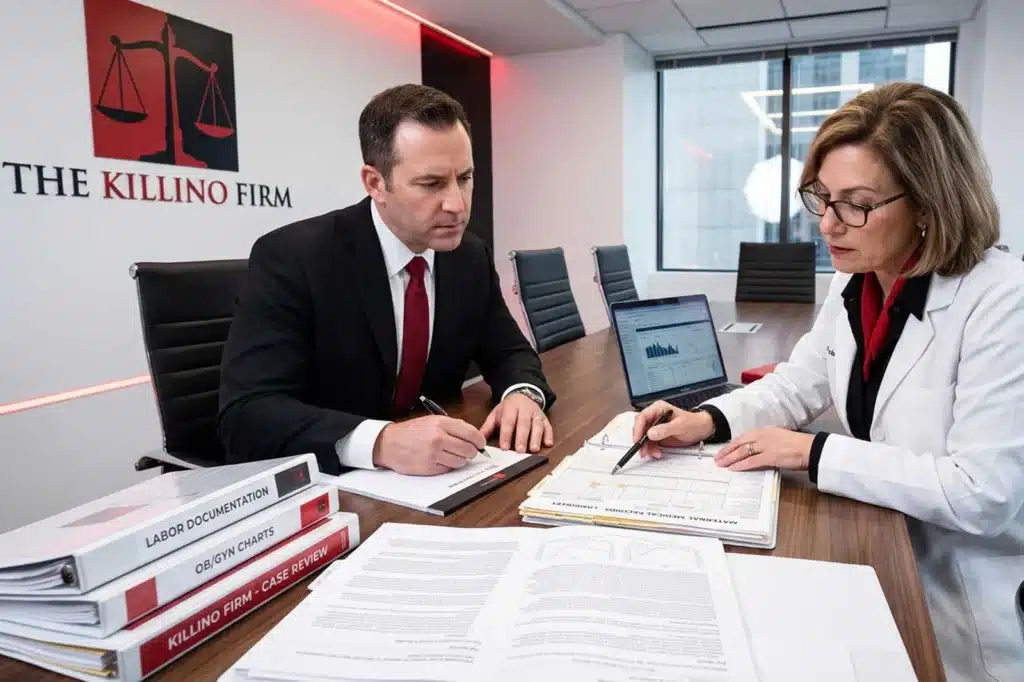 Attorney and medical expert reviewing maternal medical records and labor documentation at a conference table