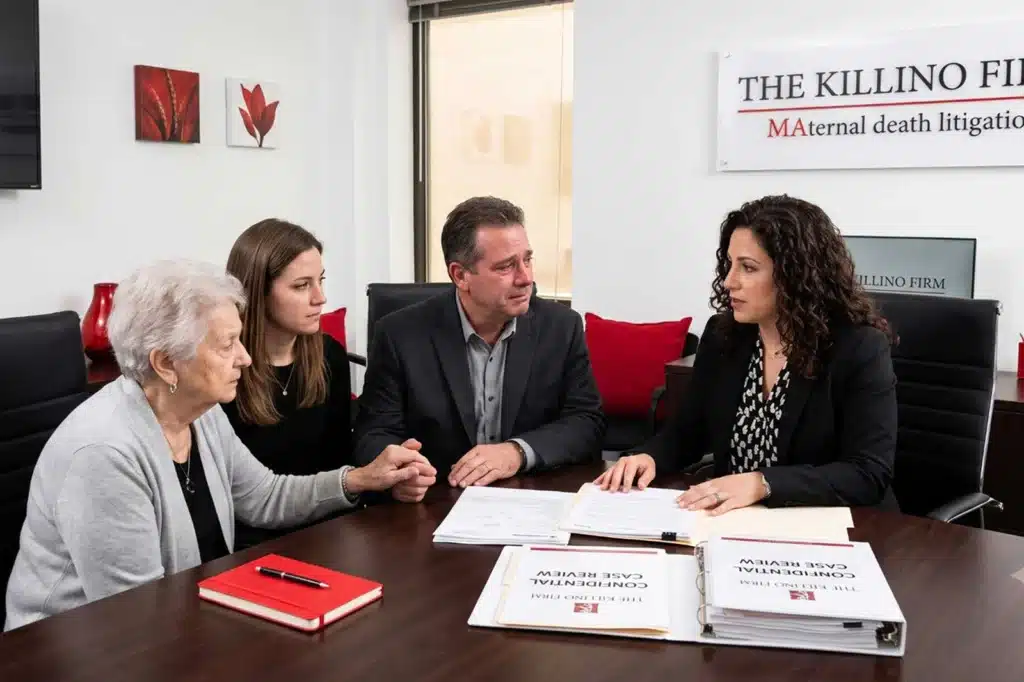 Grieving family consulting with a maternal death attorney at The Killino Firm during a confidential case review