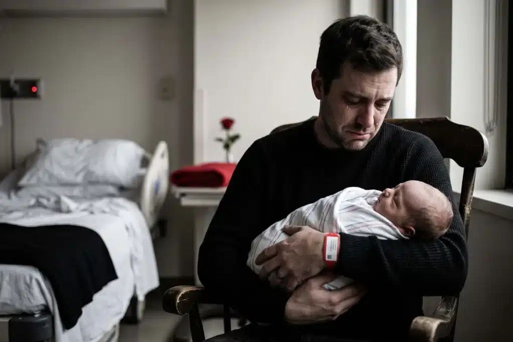 Grieving father holding a newborn infant in a hospital room following the preventable death of the mother during childbirth