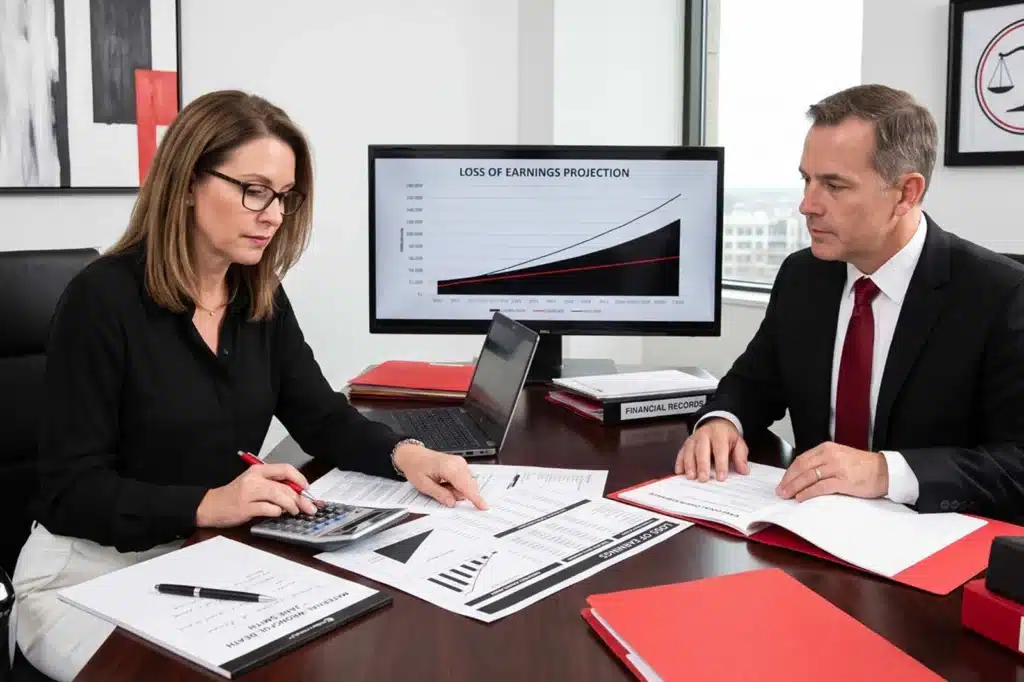 Forensic economist and attorney reviewing financial documents and wage data to calculate lost earnings in a maternal wrongful death case