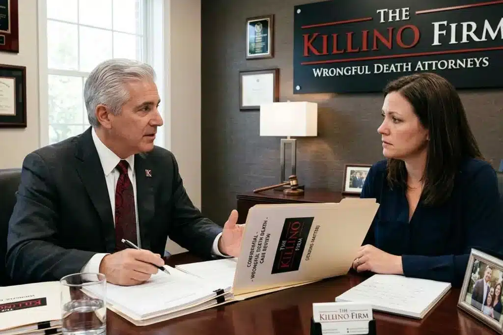 Attorney consulting with a surviving family member during a confidential wrongful death case review at The Killino Firm