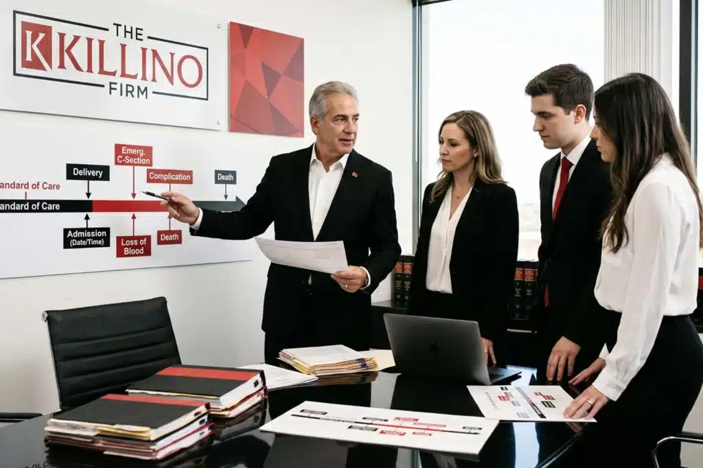 Attorney Jeffrey Killino reviewing a maternal death case timeline and medical records with his legal team at The Killino Firm offices