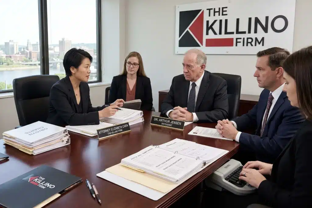 Legal team conducting a deposition of a defendant physician in a maternal death medical malpractice case, with medical records displayed on a conference table