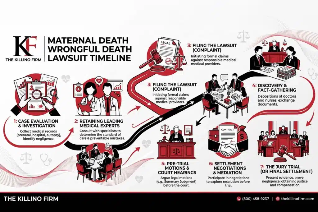Illustrated legal timeline showing the stages of a maternal death wrongful death lawsuit from pre-filing investigation through trial or settlement