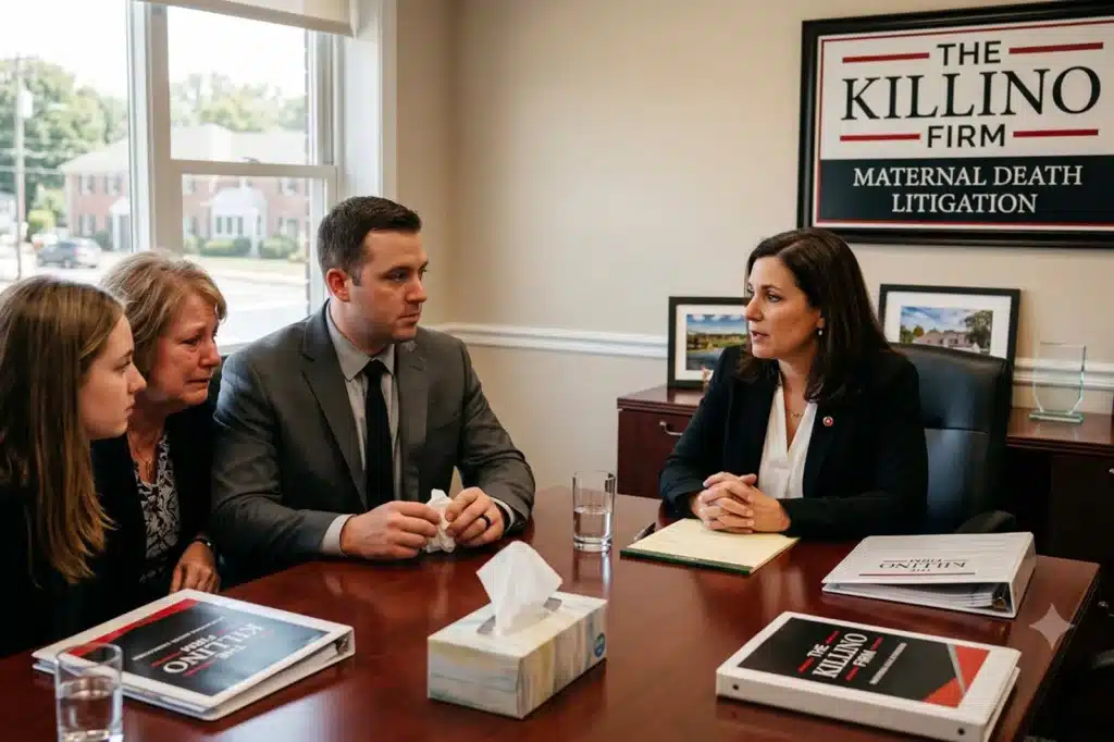 Surviving spouse and family members meeting with a maternal death attorney for an initial confidential consultation at The Killino Firm