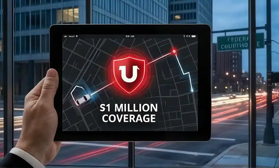 A legal professional holding a digital tablet that displays a high-contrast red and black GPS telemetry map tracking an active rideshare vehicle's route, set against a dark urban office window overlooking a blurred federal courthouse sign.