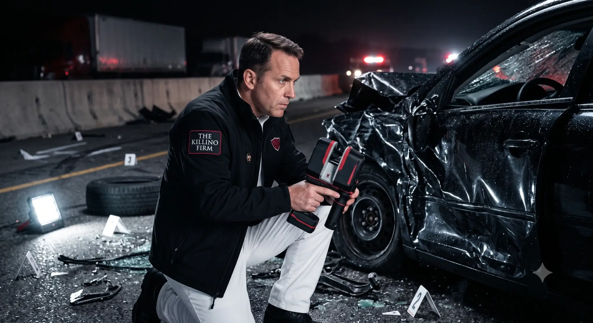 Forensic accident-reconstruction expert examining vehicle and scene evidence after a fatal highway collision.