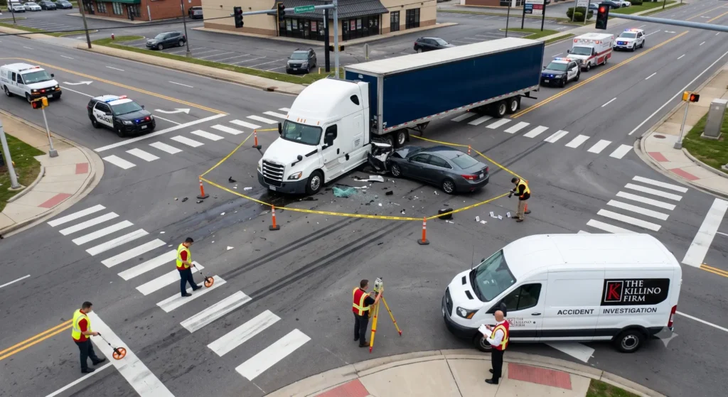 An overhead view of a severe commercial truck collision at an intersection, with independent accident investigators measuring skid marks and gathering evidence.