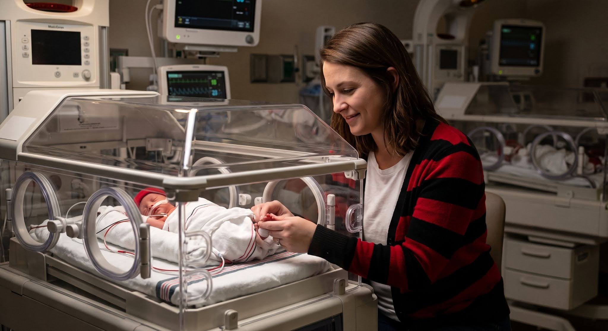 Parent holding an infant’s hand in a neonatal intensive-care unit