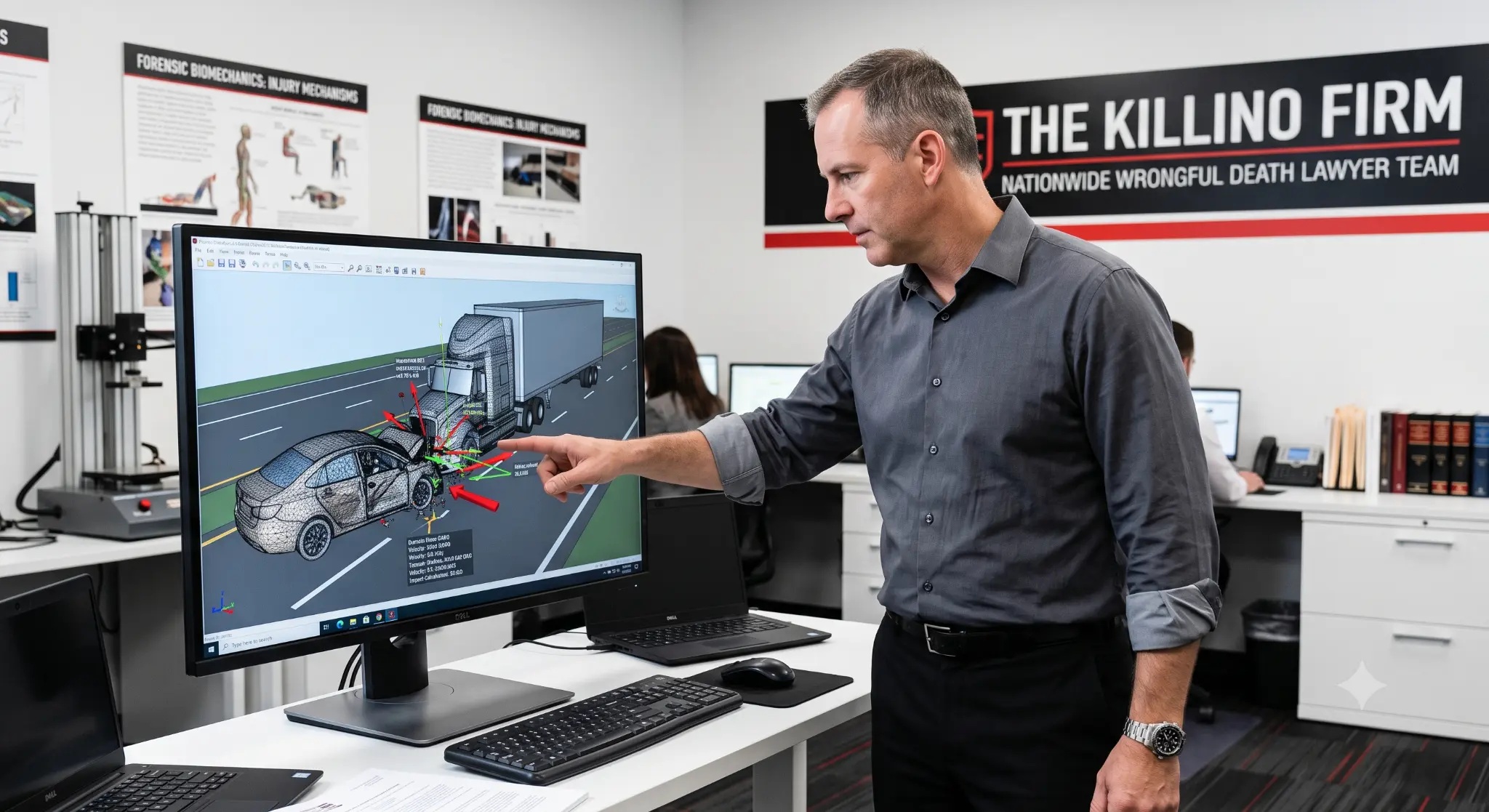 A forensic biomechanical engineer pointing to a 3D digital reconstruction of a severe commercial-truck collision on a computer monitor.