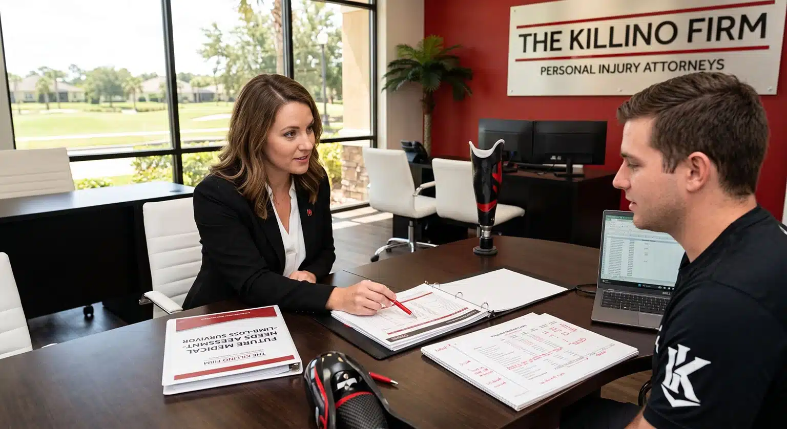 Life-care planner reviewing future medical needs for a limb-loss survivor.