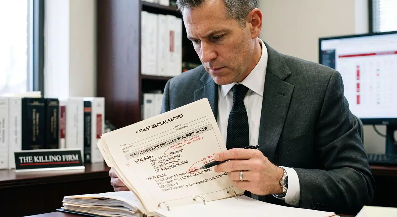 Medical-malpractice attorney reviewing sepsis-care records and treatment timelines.