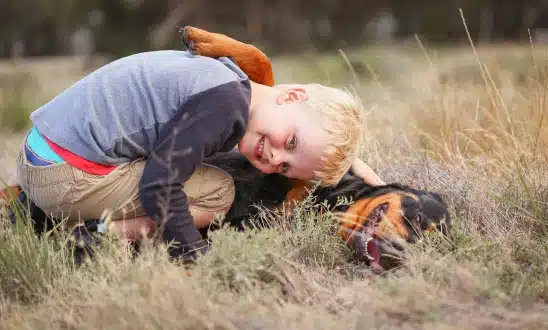 Smiling young boy playing with a dog lying in tall grass