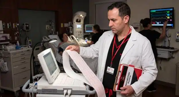 Neonatologist reviewing fetal heart-rate monitoring during labor and delivery