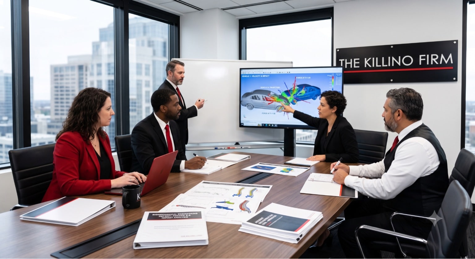 A team of catastrophic injury accident lawyers reviewing accident reconstruction data and biomechanical engineering reports in a modern law firm conference room.