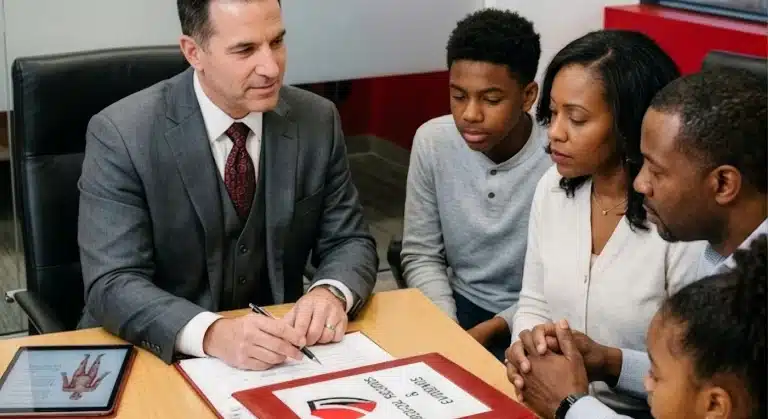 Attorney reviewing medical records with a family